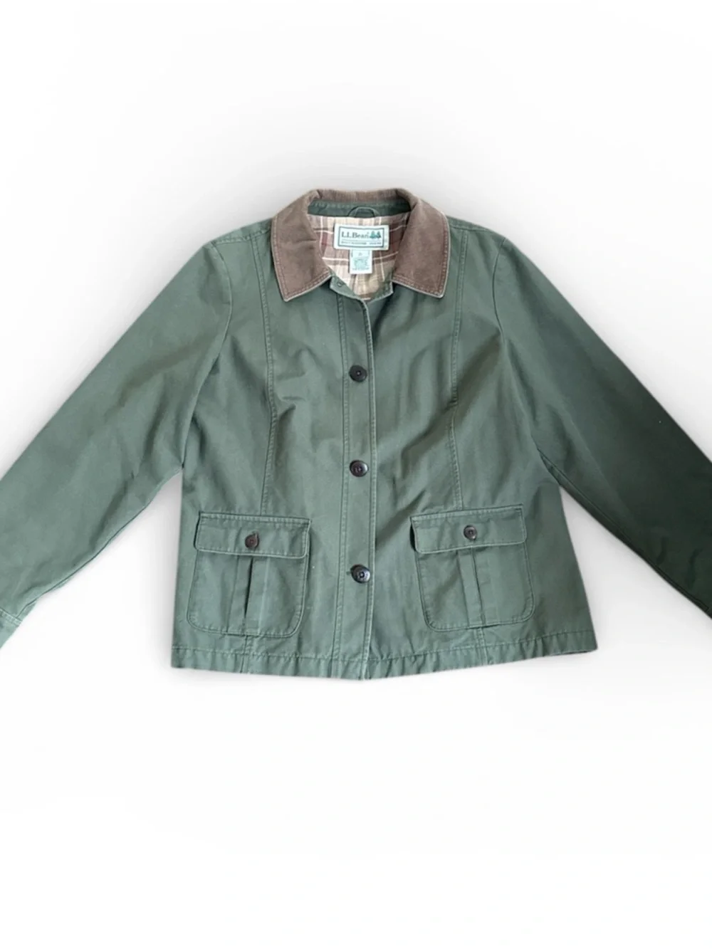 L.L. Bean Vintage Barn Coat Army Green Corduroy Collar Plaid Lined Women’s XL - Picture 2 of 7